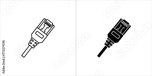 Two icons of an ethernet cable connector, one in outline and one in solid black