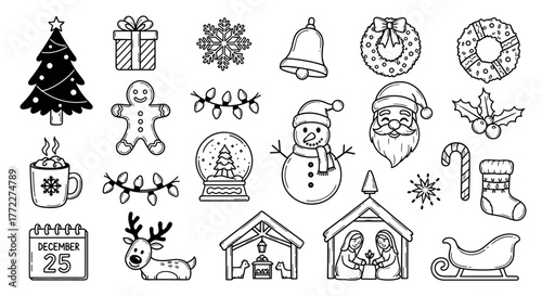Hand-Drawn Christmas Icon Set – Tree, Santa, Gifts, Wreath, Reindeer, Snowman, Holiday Doodles