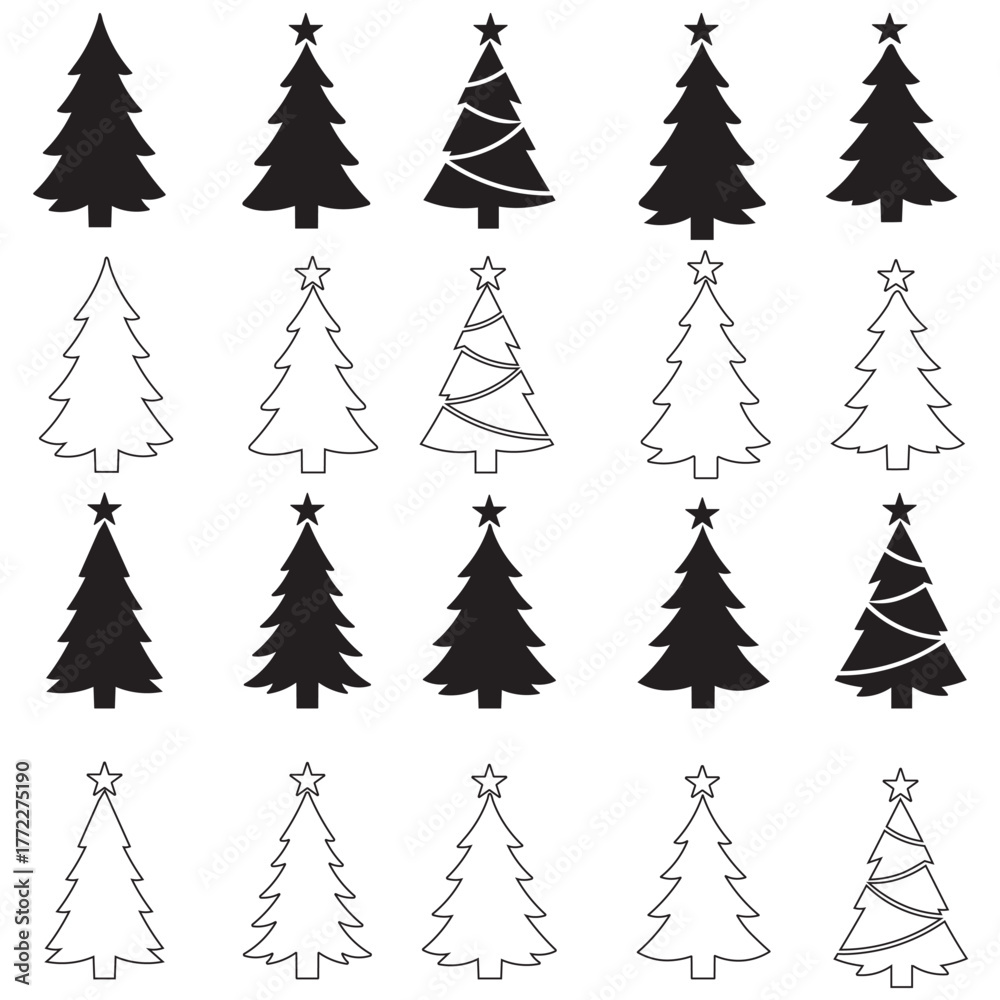 Obraz premium Pine Tree Vector Set for Holiday DesignsMinimalist Christmas Tree Silhouettes.