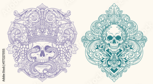 Vintage ornate skull wearing crown with snakes and floral baroque vines, gothic engraving illustration in detailed etching style.