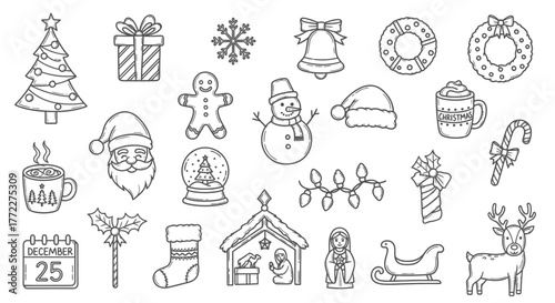 Hand-Drawn Christmas Icon Set – Tree, Santa, Gifts, Wreath, Reindeer, Snowman, Holiday Doodles