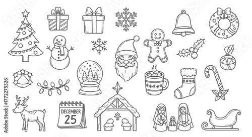 Hand-Drawn Christmas Icon Set – Tree, Santa, Gifts, Wreath, Reindeer, Snowman, Holiday Doodles