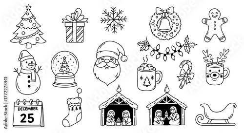 Hand-Drawn Christmas Icon Set – Tree, Santa, Gifts, Wreath, Reindeer, Snowman, Holiday Doodles