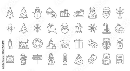 Hand-Drawn Christmas Icon Set – Tree, Santa, Gifts, Wreath, Reindeer, Snowman, Holiday Doodles