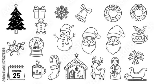 Hand-Drawn Christmas Icon Set – Tree, Santa, Gifts, Wreath, Reindeer, Snowman, Holiday Doodles