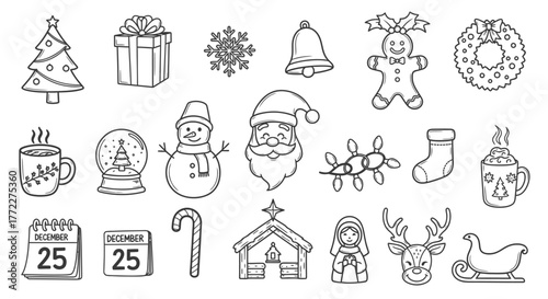 Hand-Drawn Christmas Icon Set – Tree, Santa, Gifts, Wreath, Reindeer, Snowman, Holiday Doodles