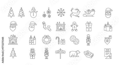 Hand-Drawn Christmas Icon Set – Tree, Santa, Gifts, Wreath, Reindeer, Snowman, Holiday Doodles