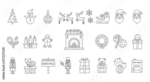 Hand-Drawn Christmas Icon Set – Tree, Santa, Gifts, Wreath, Reindeer, Snowman, Holiday Doodles