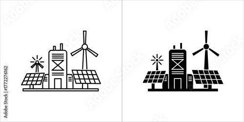 Renewable energy power plant with solar panels and wind turbines icon