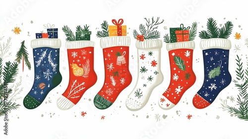 Christmas Stockings Illustration Set, Festive Gift Decoration Elements for Holiday Card, Packaging Design, Poster and Winter Celebration