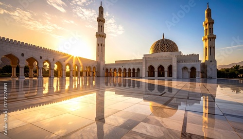 Golden Hour Sunrise Over Sultan Qaboos Grand Mosque Muscat Oman Architectural Marvel and Spiritual Landmark