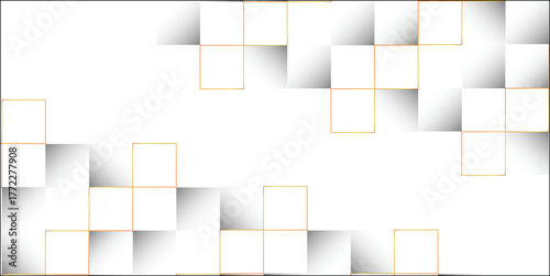 Abstract white geometric background featuring a pattern of 3D squares with subtle shadows and thin golden outlines.
