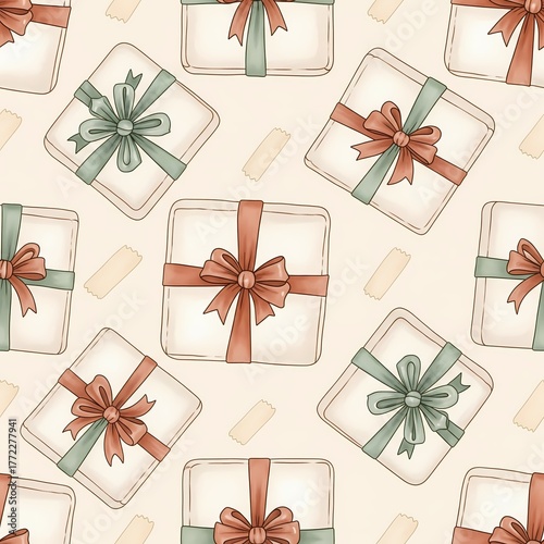 Decorative Seamless Pattern of Gift Boxes with Ribbons Soft Color Palette Digital Illustration