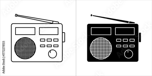 A portable radio with an antenna, one outlined and one solid black