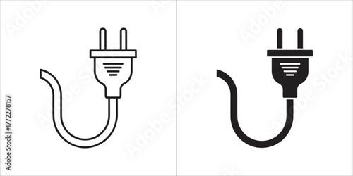 Two icons of an electrical plug with a cord, one in outline and one in solid black