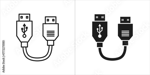 Two icons of a usb cable with two connectors, one in outline and one in solid black