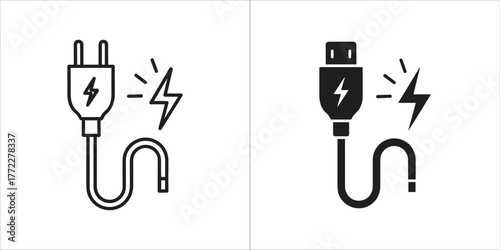Two different styles of electrical plugs and usb cable icons with lightning bolt symbol
