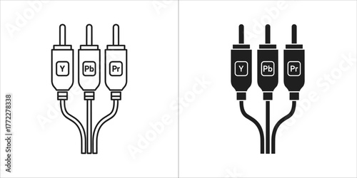 Line and solid style icons of three rca component video plugs