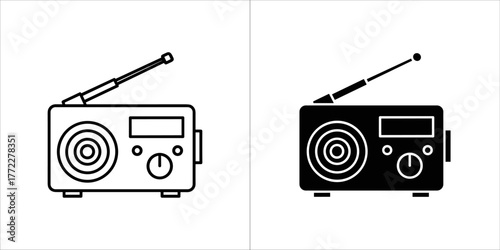 Outline and filled silhouette of a vintage radio with an antenna