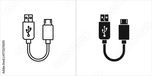 Usb to usbc cable adapter icon, both outlined and solid black versions