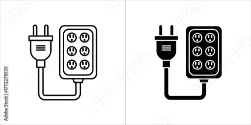 Outline and filled icons of a power strip and plug