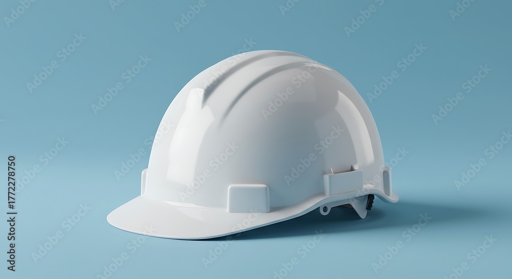 Fototapeta premium Close-up of a glossy white construction helmet set against a solid pastel blue backdrop