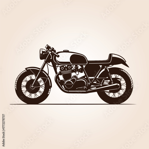 Vintage Cafe Racer Motorcycle Silhouette, Minimal Black Vector Design, Side View, Clean Outlines, Retro Classic Style