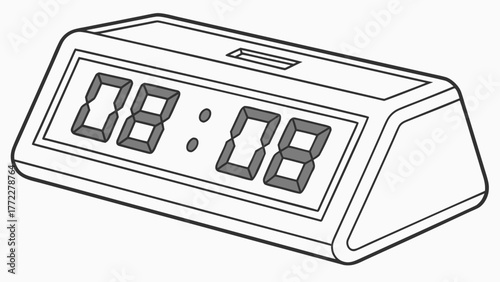 Retro Digital Alarm Clock Line Art Illustration with 08:08 Time Display, Isometric View in Black and White Outline Style for Timekeeping Concepts