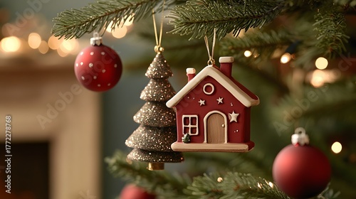 Colorful ornaments hang from a Christmas tree, including a red house and a glittery tree