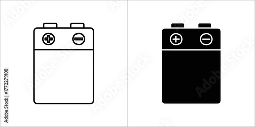9 volt battery icon in outline and solid black