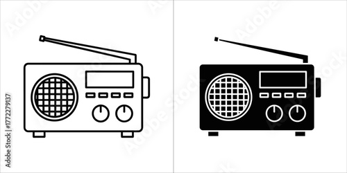 Two icons of a radio with antenna, one in outline and one in solid black