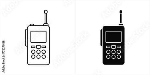 Two icons of a walkietalkie, one in outline and one in solid black