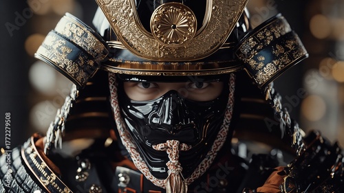 A close-up portrait of a formidable Japanese samurai warrior in traditional ornate armor, capturing the intense and focused spirit of a fighter