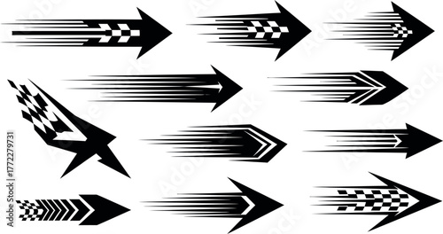 Dynamic motion speed arrows set graphic elements for racing and sports themes