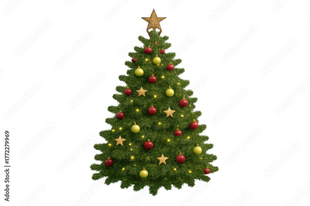Obraz premium Christmas tree decorating in festive red and gold colors, celebrating winter holiday spirit, transparent background