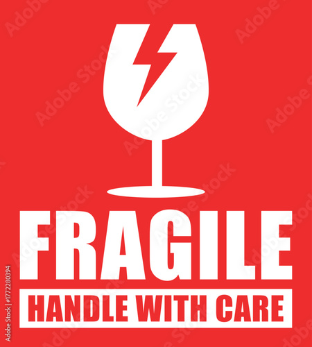 Fragile Packaging Label with Handle with Care Instructions and Shipping Safety Symbols on a Red Background