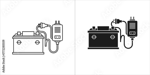 Car battery charger in black and white drawing