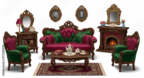 Extensive Victorian Living Room Furniture Collection, Including Sofas, Chairs, Fireplace, Mirrors, and Decorative Accents, on White