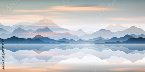 Mountain lake at dawn, morning light, minimalist landscape, vector illustration