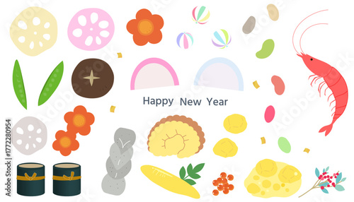 おせち料理のアイコンイラストセット　年賀状イラスト素材　和食