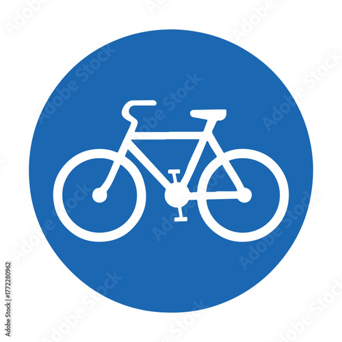 A white bicycle symbol on a solid royal blue circular background