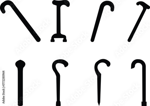 Diverse cane icon set, walking sticks, medical support aids, elderly assistance tools, inclusive mobility equipment, and accessibility symbols for healthcare and rehabilitation design, ergonomic grip,