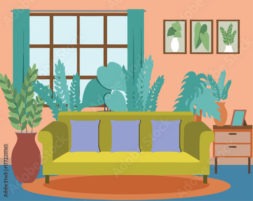 an illustration of a living room with a couch, plants and a window