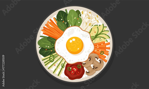 Delicious Korean Bibimbap with Fried Egg and Fresh Vegetables.