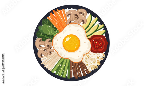 Delicious Korean Bibimbap Bowl with Sunny Side Up Egg and Fresh Vegetables.