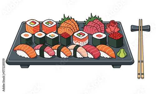Delicious sushi platter with various types of Japanese cuisine and chopsticks.