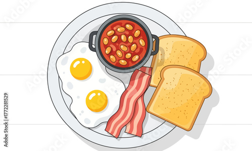 Full English Breakfast with Eggs, Bacon, Beans, and Toast on a Plate.