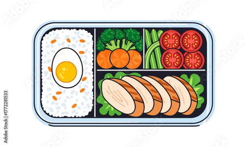 Healthy Bento Box Lunch with Chicken and Rice.