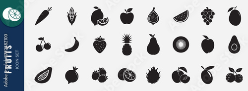 Silhouette fruit icon set. Vector icon of apple, banana, strawberry, pineapple, watermelon, mango, grapes. Silhouette icon set for health and nutrition themes.