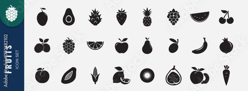 Bold Silhouette fruit icon set. Vector icon of apple, banana, strawberry, pineapple, watermelon, mango, grapes. Silhouette icon set for health and nutrition themes.